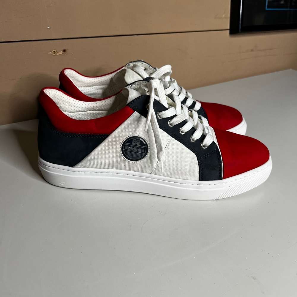 Baldini Mens Tricolor Leather Low‎ Top Sneakers Red White Blue Italy Size 43